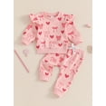 thumbnail image 2 of WIFORNT Toddler Girls 2PCS Fall Sets Long Sleeve O Neck Bow Heart Print Tops Drawstring Pants Set, 2 of 8
