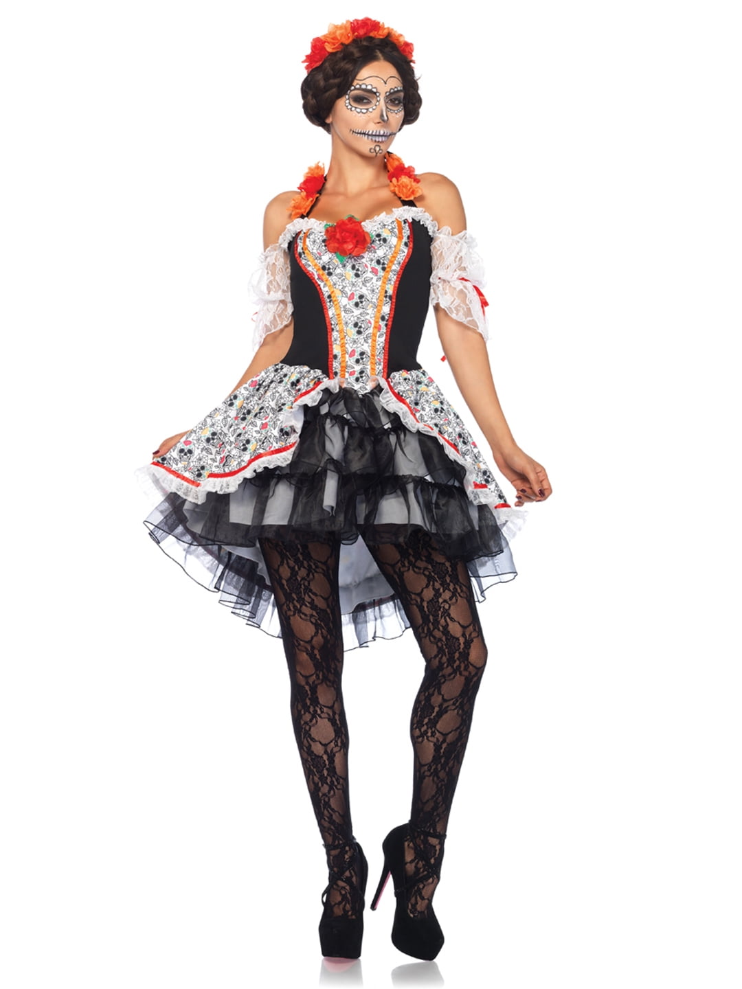 Ladies 15" Skull & Roses Day of the Dead Halloween Fancy Dress Panel Skirt 