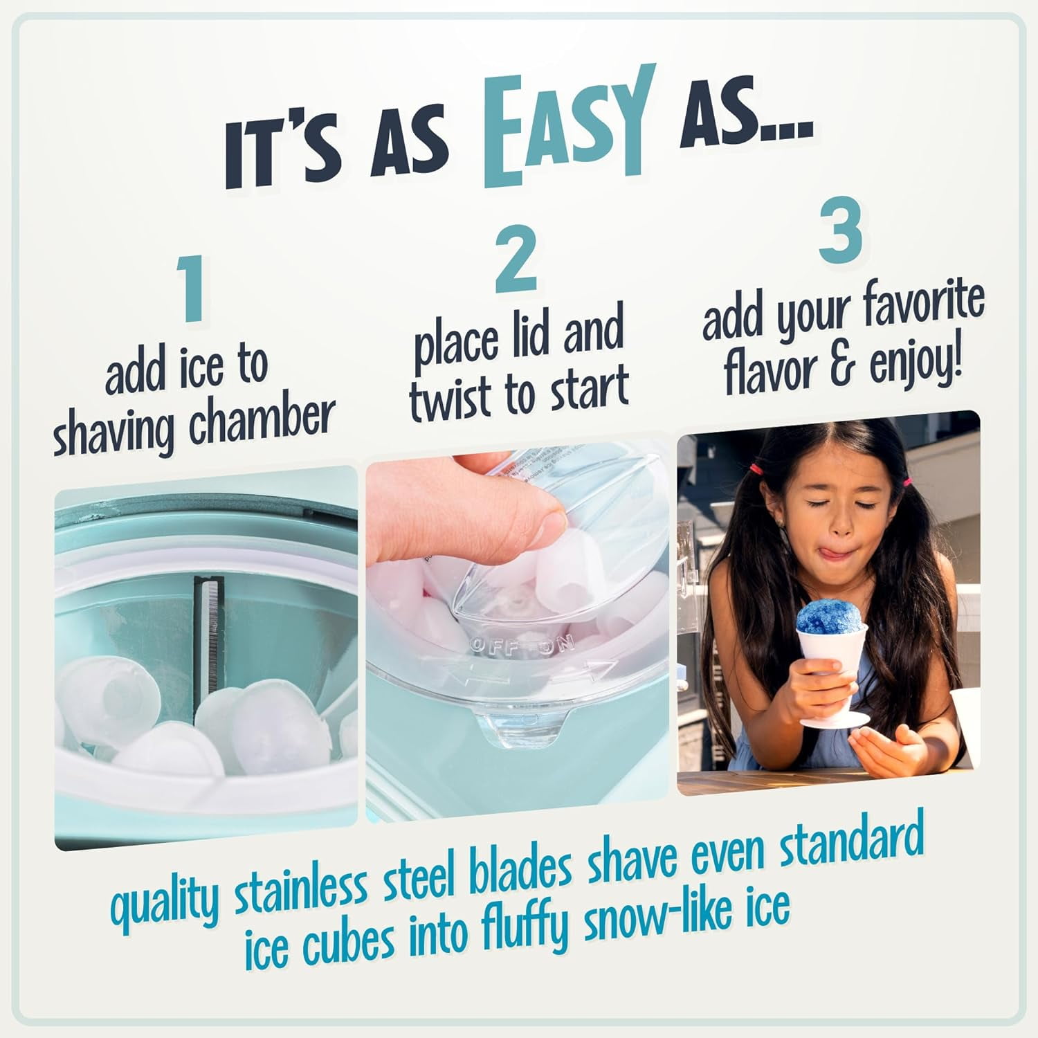 Nostalgia Snow Cone Maker, Tabletop Shaved Ice Machine with 2 Reusable Cones and Ice Scoop, Aqua