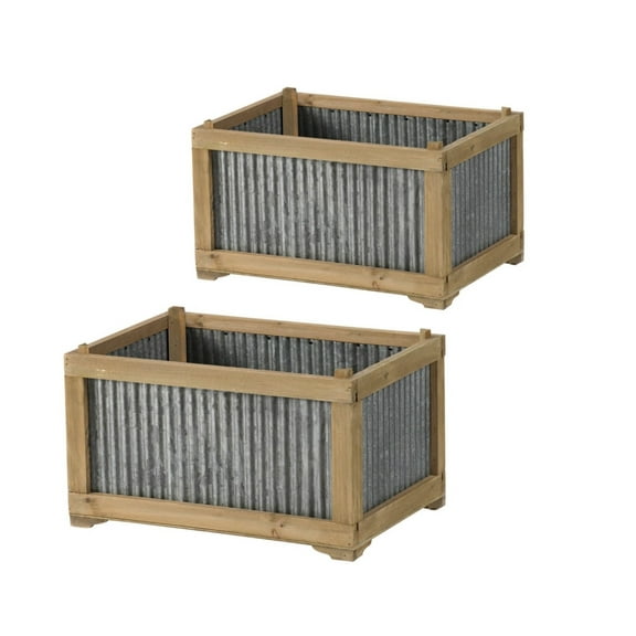 Set Of 2 Rectangular Rustic Planter, L:20x14x11.5" S:17x12x10"