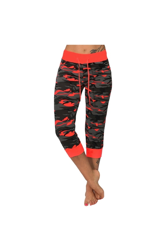 Women's Yoga Camouflage Printed Panel Drawcord Fashion Capris Casual Cropped Leg Pants Red S