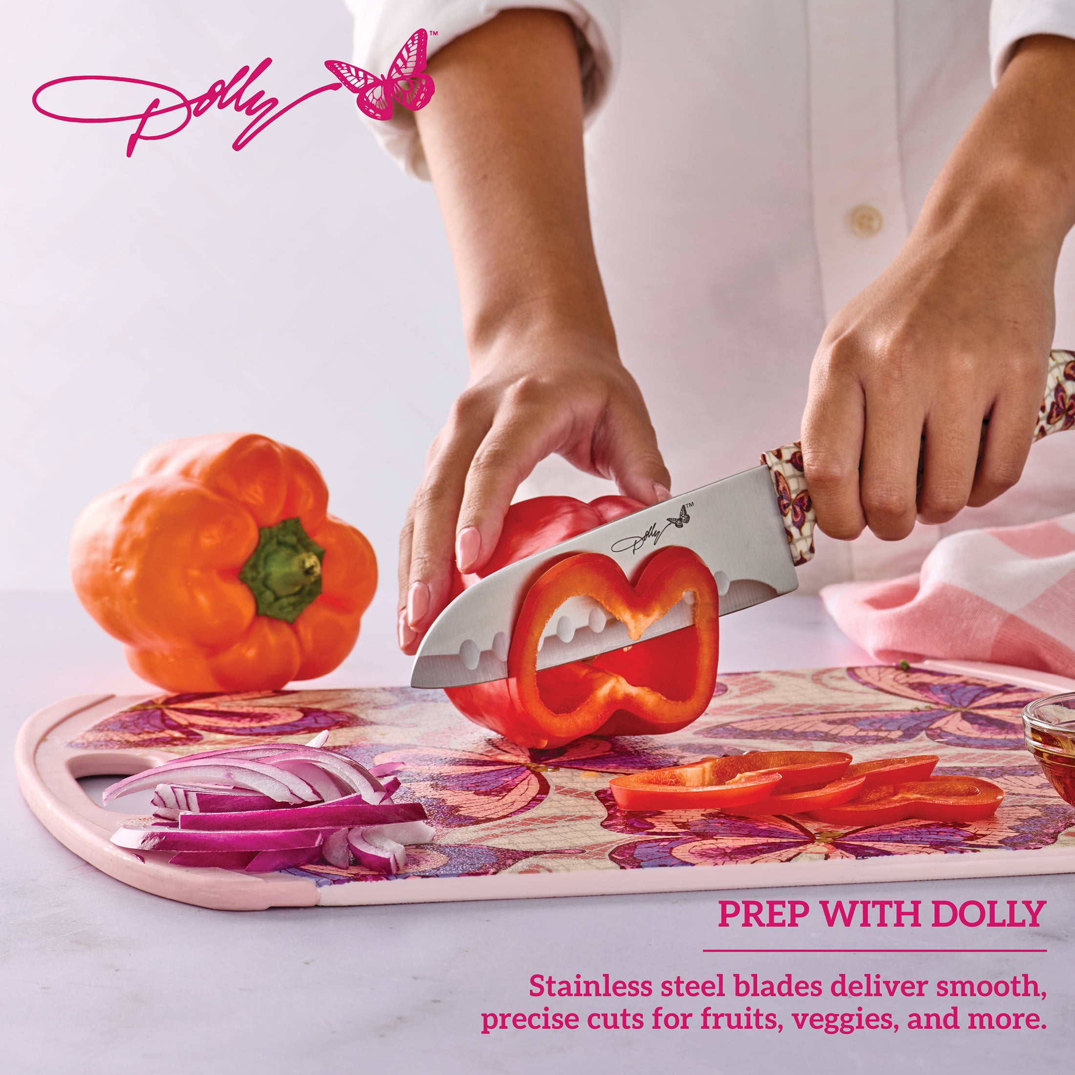 Dolly Parton 3-Piece Chef Knife Set with Butterfly Pattern Handles for Kitchen Prep