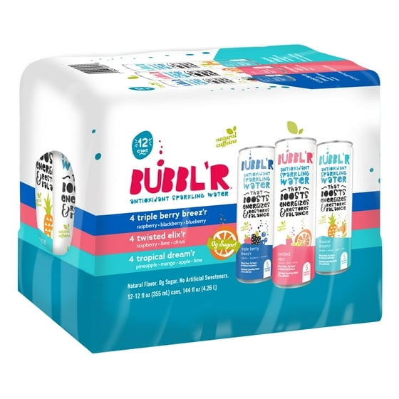 Bubblr Antioxidant Sparkling Water - triple berry breez'r ,twisted elix'r, tropical dream'r - Variety Pack, 0 Suger, 69 Mg Caffine, Sparkling Water 12 Fl Oz (Pack Of 12) (Packaging may Vary)