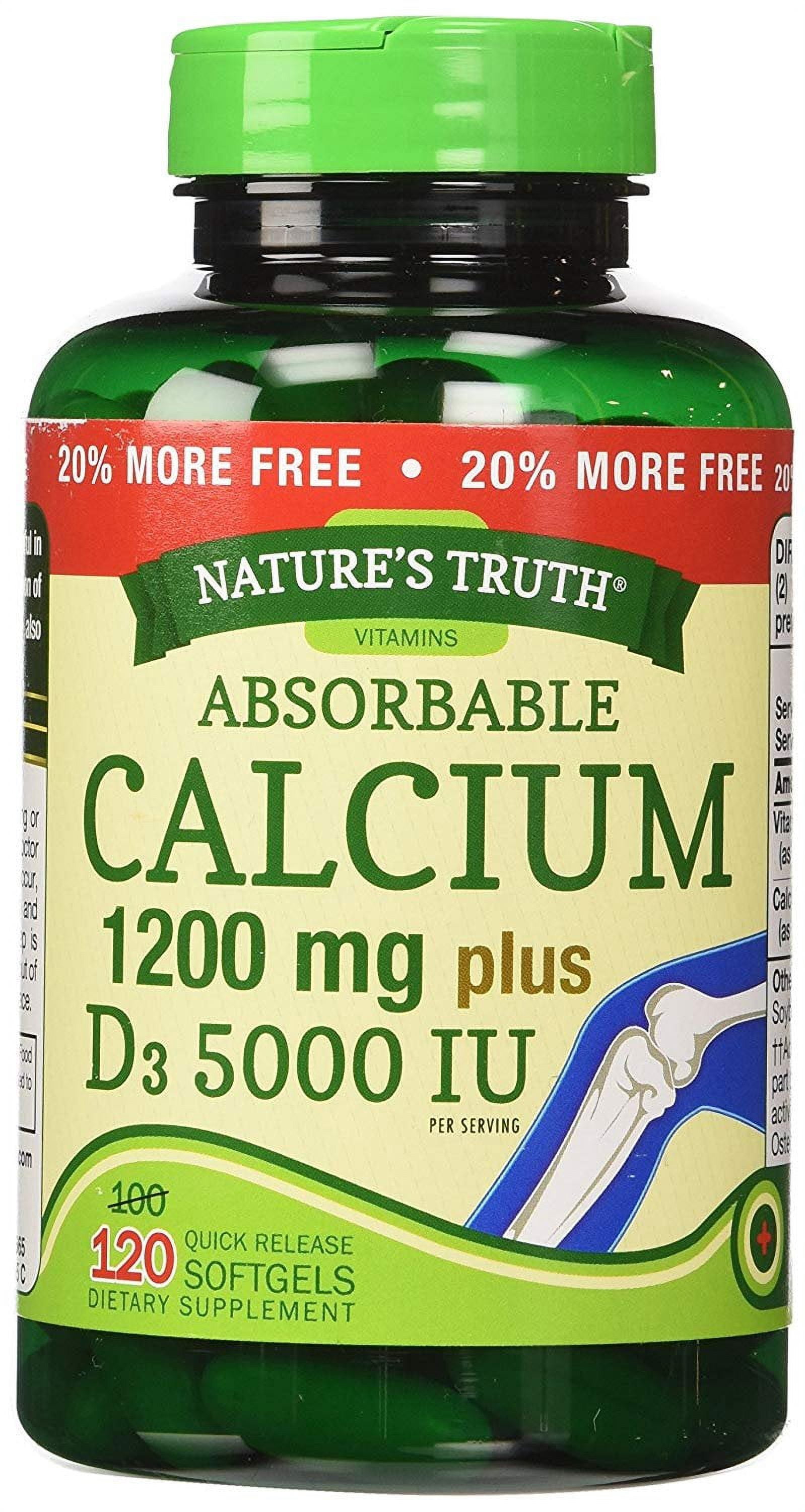 Nature's Truth Calcium 1200 mg Plus Vitamin D3 5000 IU Supplements, 120 Count Pack of 3