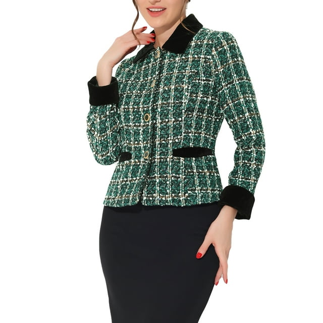 INSPIRE CHIC Blazer en Tweed à Carreaux Élégant en Velours à Col pour Femme TP Vert