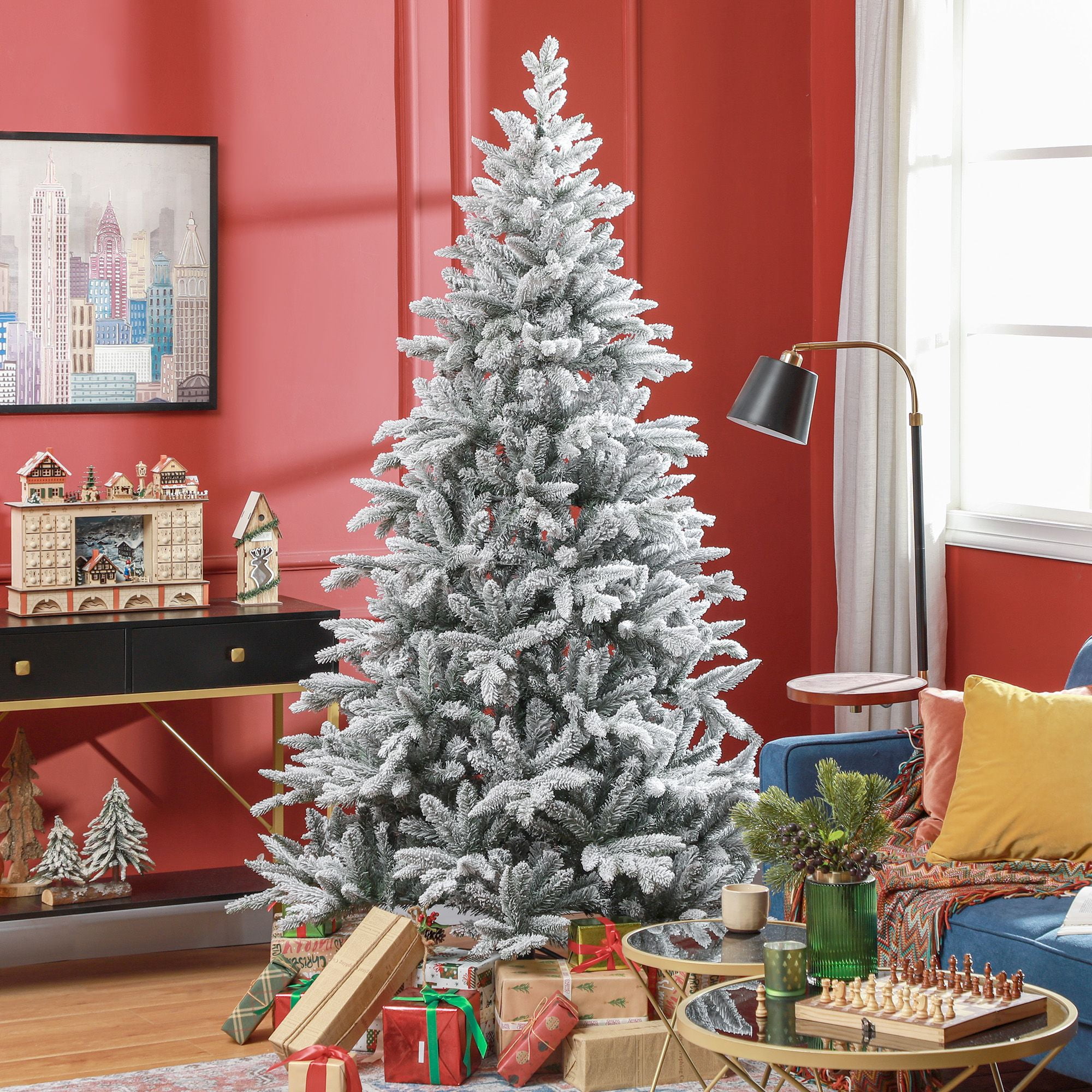 7 ft Artificial Flocked Christmas Tree with Snow Tips, Hinged Branches, 1401 Tips, Indoor Holiday Decor for Home and Office