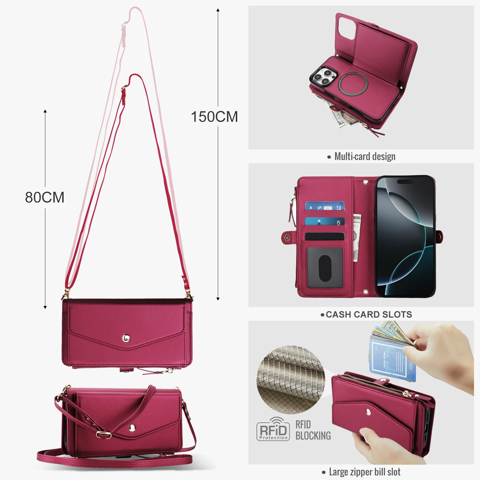 Designed for iPhone 15 Pro Multi-Function Wallet Phone Case,With Shoulder Strap&Wrist Strap,Cash Pocket&Card Slots,Zipper Purse,Magnetic Detachable PU Leather Flip Phone Case,Red