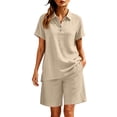 thumbnail image 5 of Mifsaly 2 Piece Short Sets for Women Summer Cotton Linen Short Sleeve V Neck Collared Shirts and Elastic Waist Shorts with Pockets Beige,S, 5 of 8