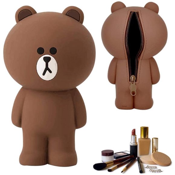 Trousse à Crayons en Silicone 3D Dessin Animé Mignonne Brown Bear Boîte de Rangement avec Fermeture Éclair Arrière Portefeuille Portable à Main Papeterie pour Étudiants Porte-Stylos Trousse Cosmétique Maquillage pour Filles, Garçons, Enfants