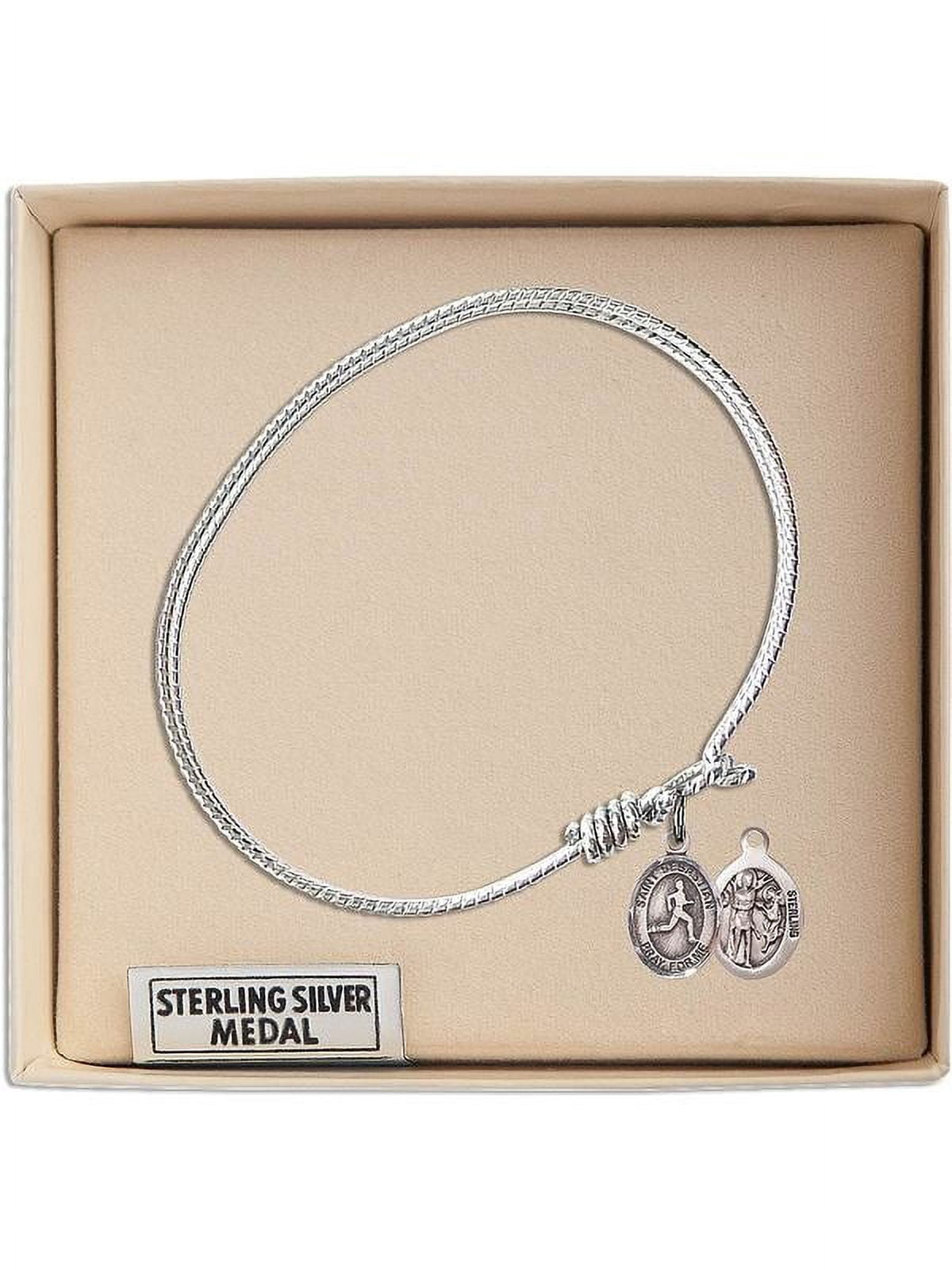 7 1/4 inch Oval Eye Hook Bangle Bracelet w/ St. Sebastian/Track & Field in Sterling Silver