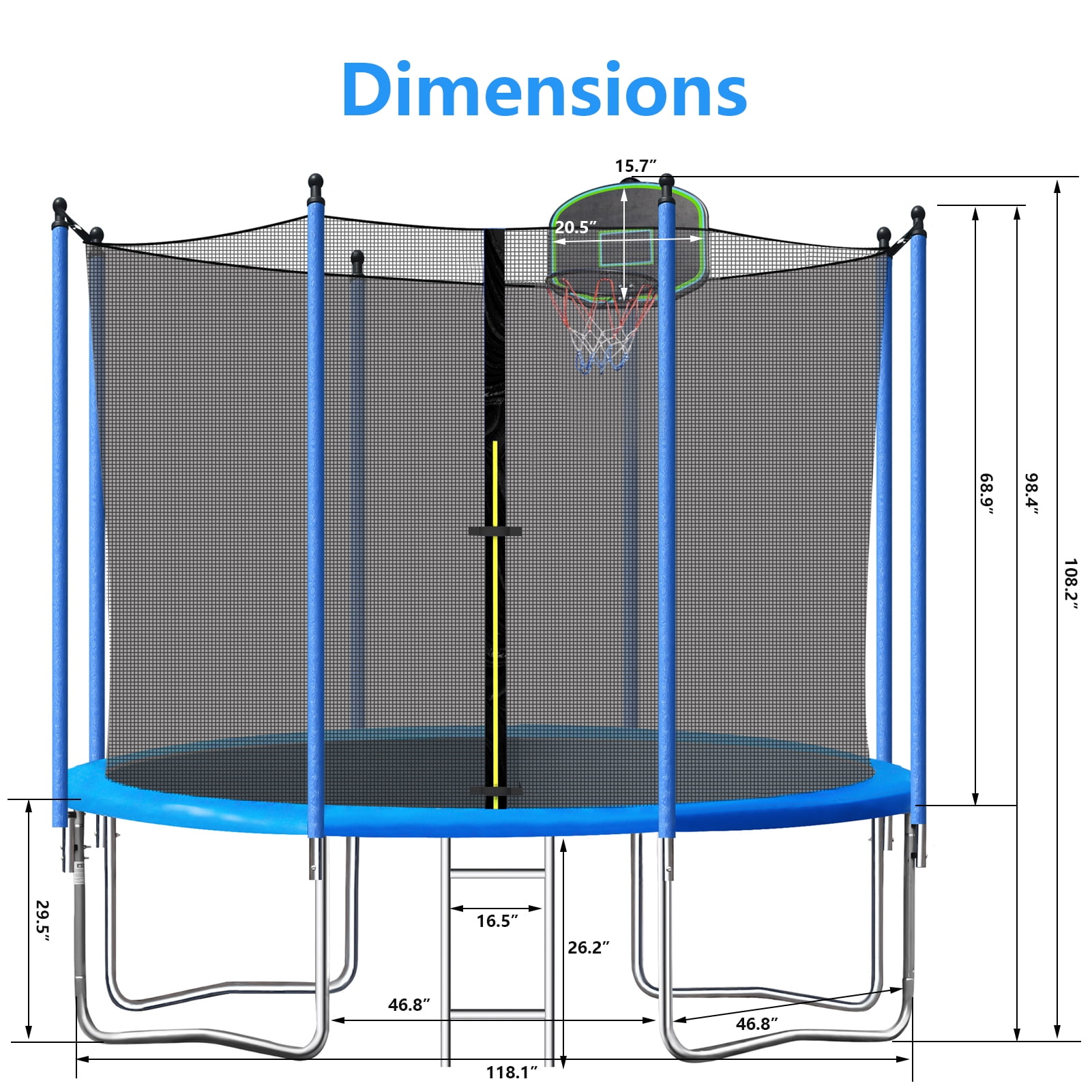 SEGMART 10ft Trampoline for Kids with Basketball Hoop and Enclosure Net/Ladder,Blue