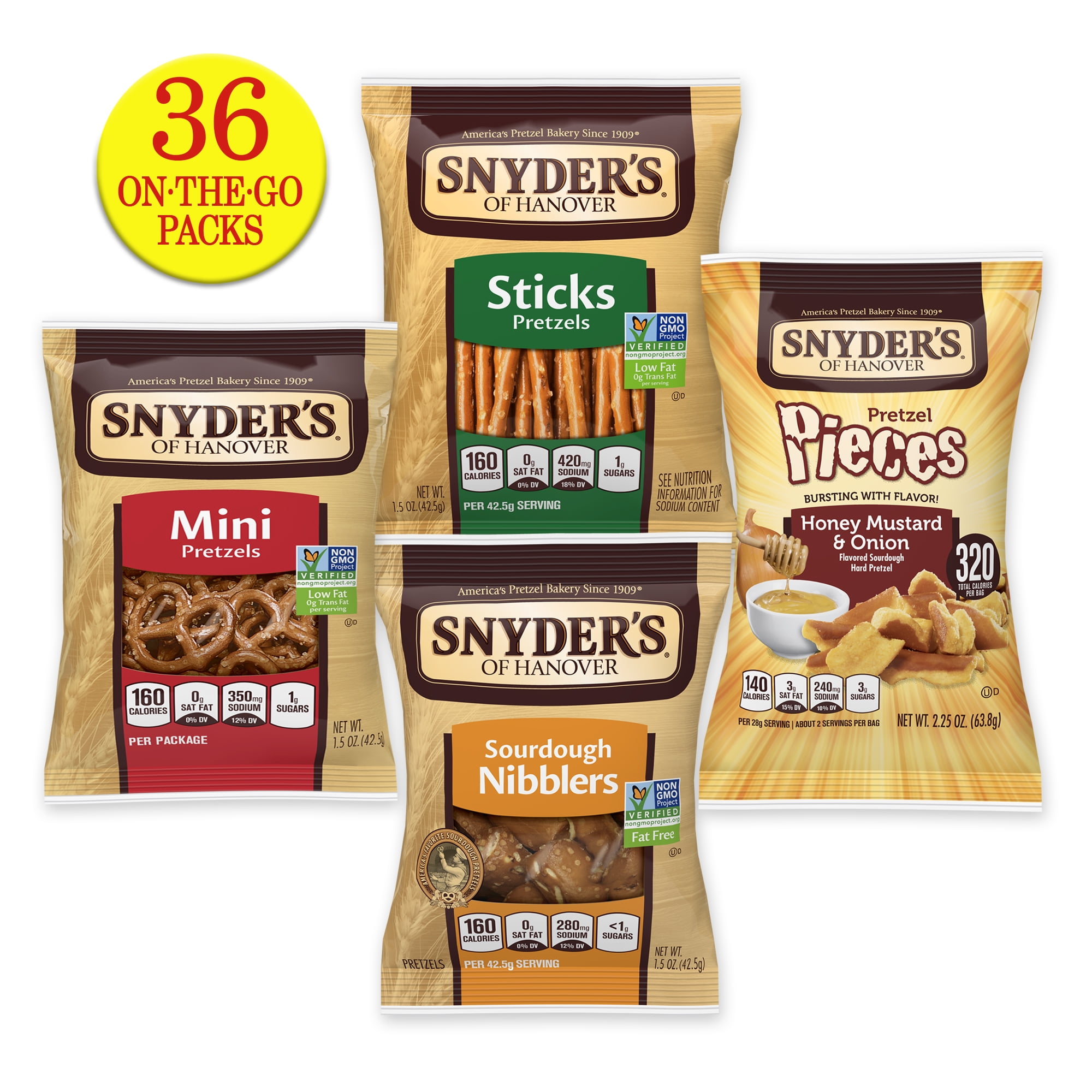 Snyder's Pretzels, Variety Pack of Individual Packs, 4 Flavors (36