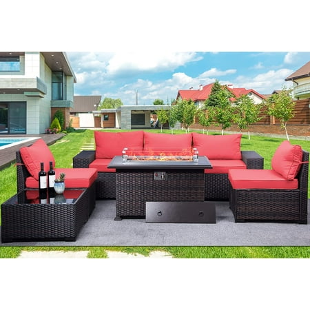 Gotland Outdoor Patio Furniture Set with 43 Propane Fire Pit Table 7 Pieces Outdoor Furniture Patio Sectional Sofa Conversation Sets(red）