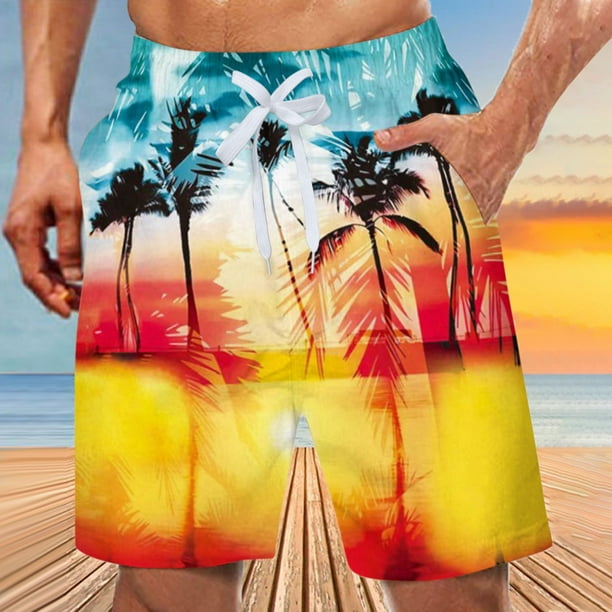 amidoa Mens Swimsuit Elastic Waist Hawaiian Beach Shorts Drawstring