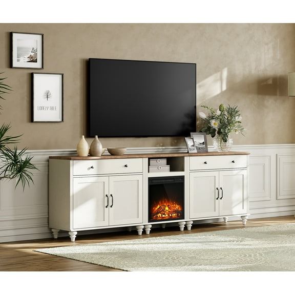 Glass Farmhouse Fireplace TV Stand for TVs up to 75'', Highboy Entertainment Center with 5 Storages, 75'' Large TV Console with 18'' Electric Fireplace, Antique White
