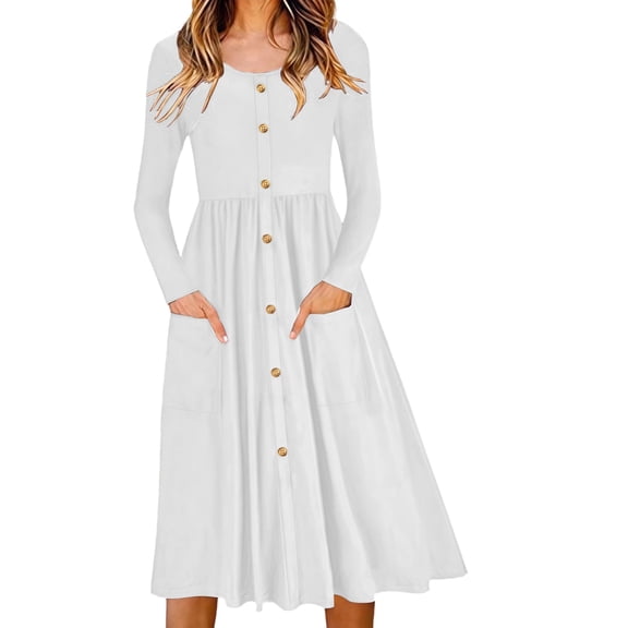 jtjvou Dresses for Women Long Sleeve Crew Neck Button Down Midi Dress Casual Flared A-Line Swing Dress with Pockets White L