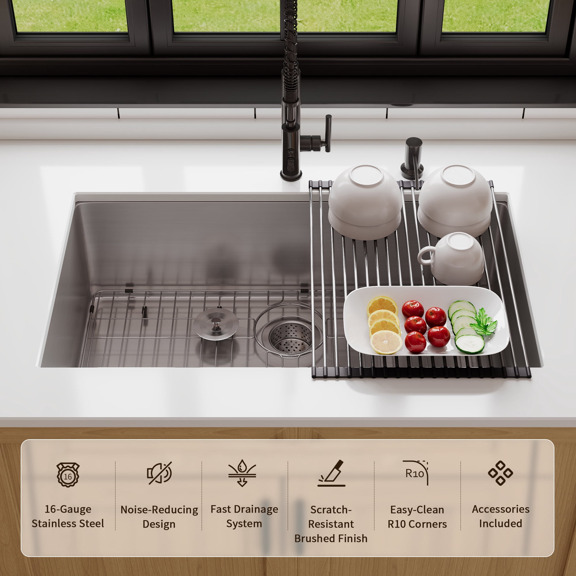 DeerValley DV-1K0603 32 Inch Undermount Kitchen Sink, 16 Gauge Stainless Steel Single Bowl Workstation Sink with Rolling Drying Rack, Deep Large Sink for Kitchen Remodel, Meal Prep, Homeowners