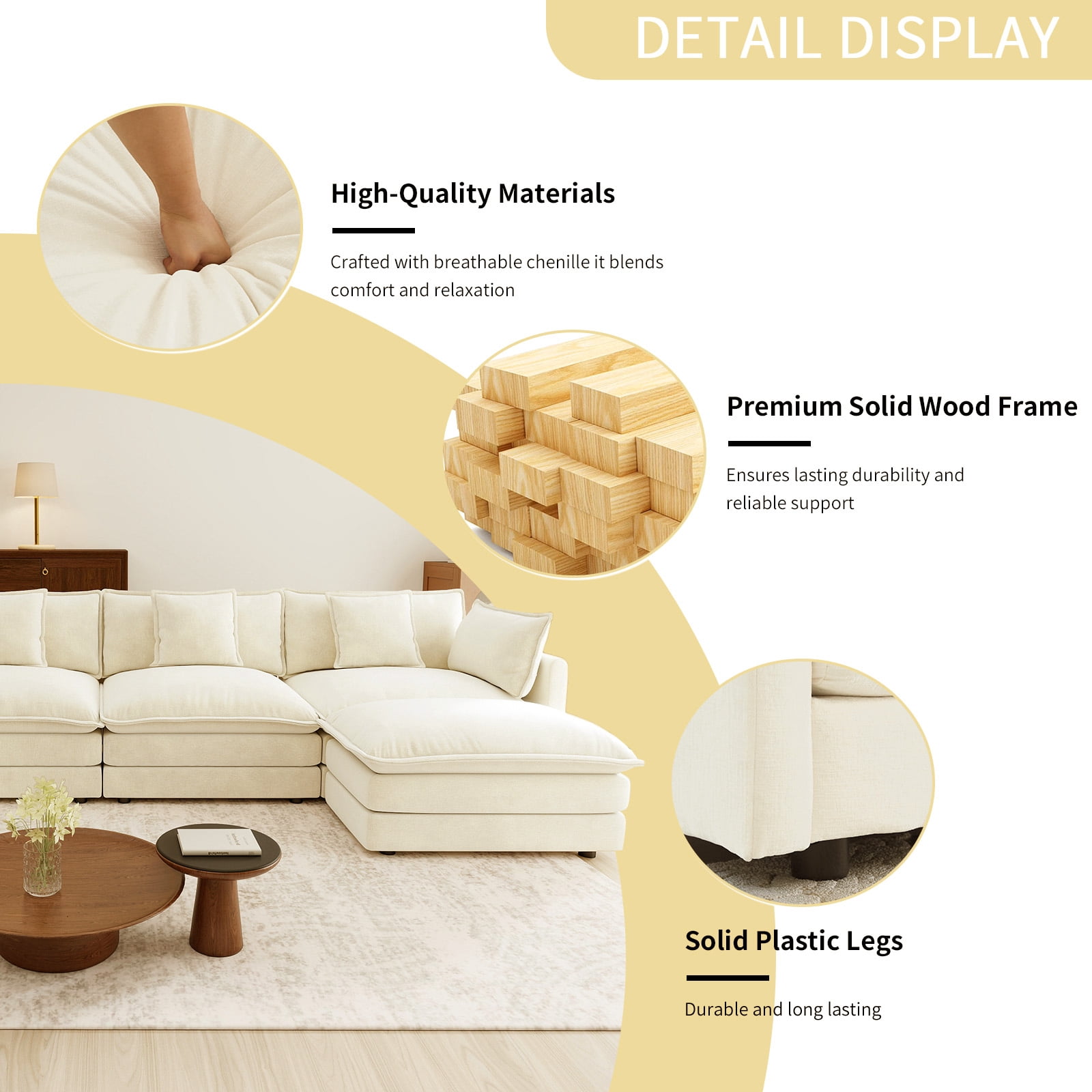 111.5” Beige White Modular Sofa, 3 Seater L Shaped Chenille Sectional for Living Room, Cloud Sectional Couch with Ottoman, Sofá moderno