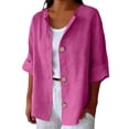 thumbnail image 2 of Only Moment Blouses for Women 3/4 Sleeve V Neck Wash Cotton Blouses Business Casual Tops Zip Front V Neck Work Shirts Loose Fit Tunic Tops Hot Pink,S, 2 of 9