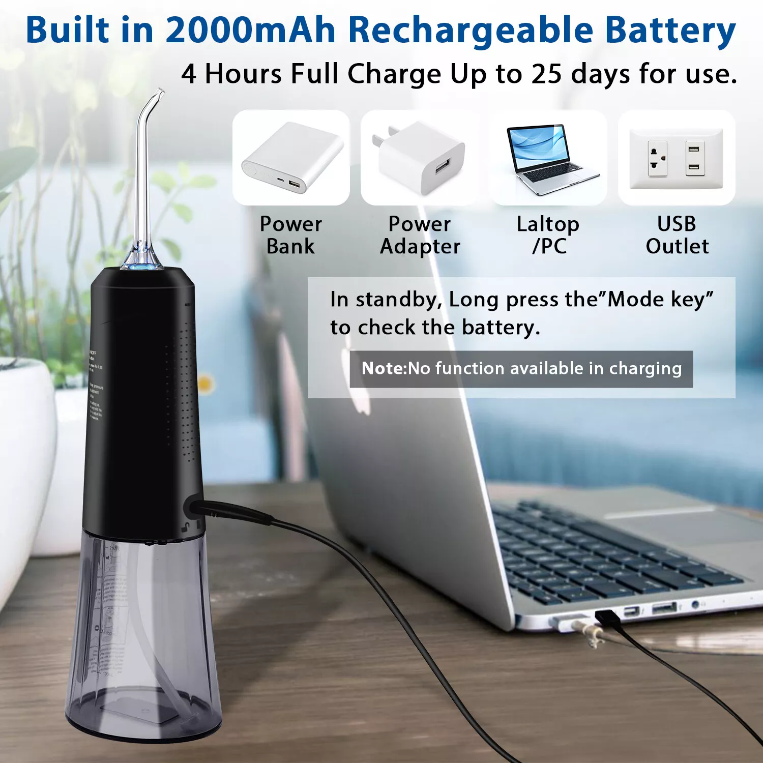 Abrite Cordless Water Flosser for Teeth Braces, Hygiene, DIY Speed 250ml Portable Oral Irrigator Dental Cleaner 7 Water Jet Tips, Black