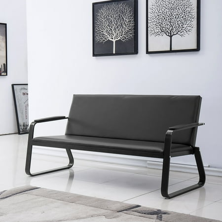 WALSPORT Visitors Guest Sofa Waiting Bench Comfortable PVC Leather Chair for Airport Waiting Business Office Reception Room  Black 3 Seats