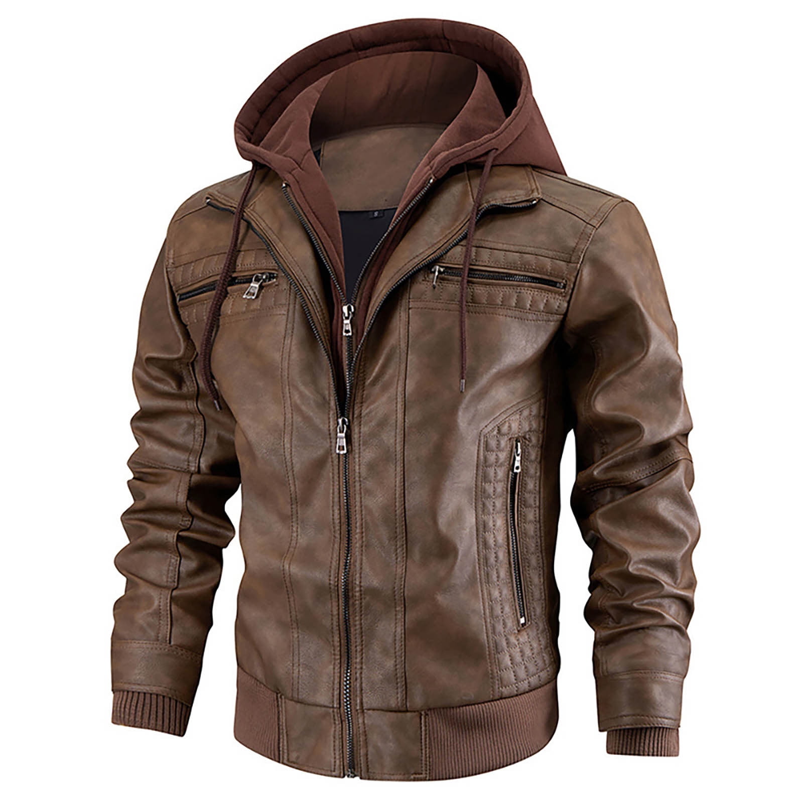 Tiweut PU Leather Jackets for Mens Mens Fall and Winter Long Sleeve Hooded Outdoor Style Coat Tops Brown,S