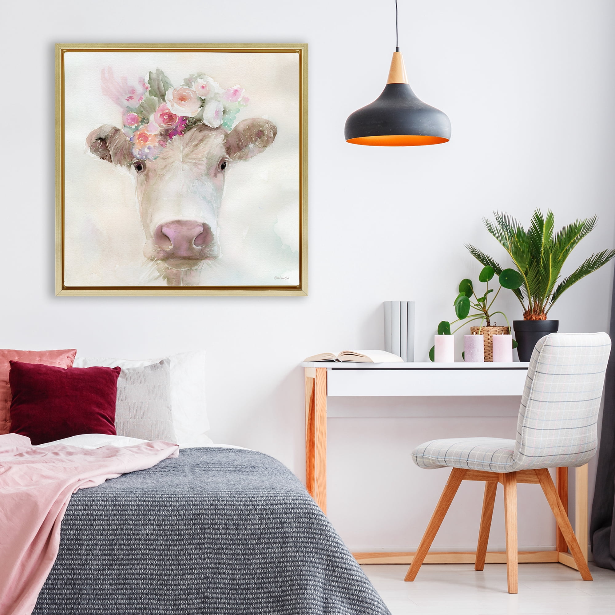 Stupell Industries Betsy Cow with Flowers Gold Framed Floater Canvas Wall Art, design by Stellar Design Studio