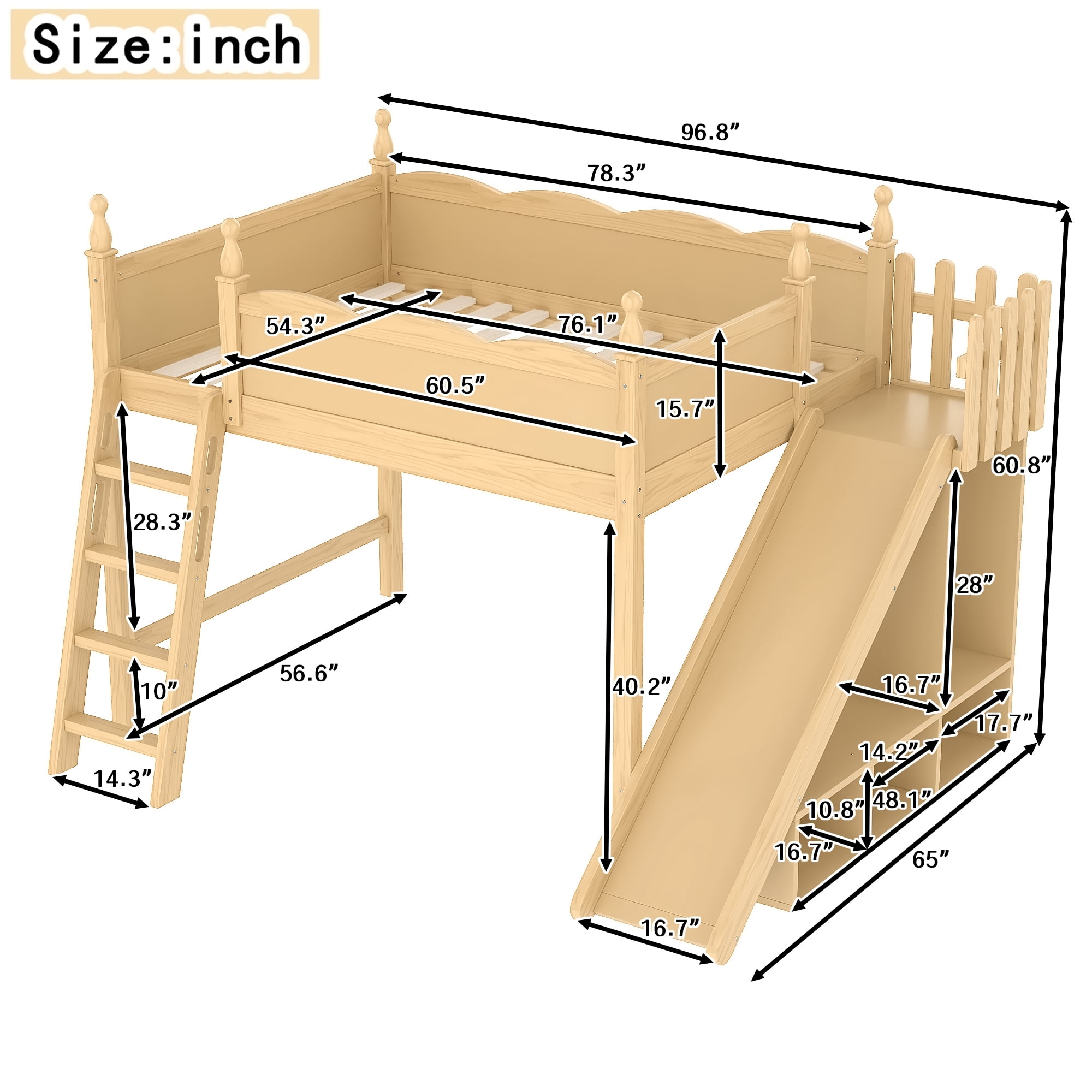Leumius Full Loft Bed Frame with Storage Shelves and Wardrobe, Solid Wood Loft Bed with Detachable Slide and Ladders for Kids Teens Adults Natural