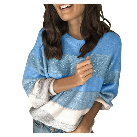 

Women S Color-Blocking Striped O-Neck Sweater Long-Sleeved Knitted Pullover Tops Women S Autumn And Winter Fashion Casual Tops Fall And Winter Maternity Clothes Women s Sweaters Dark Christmas Button