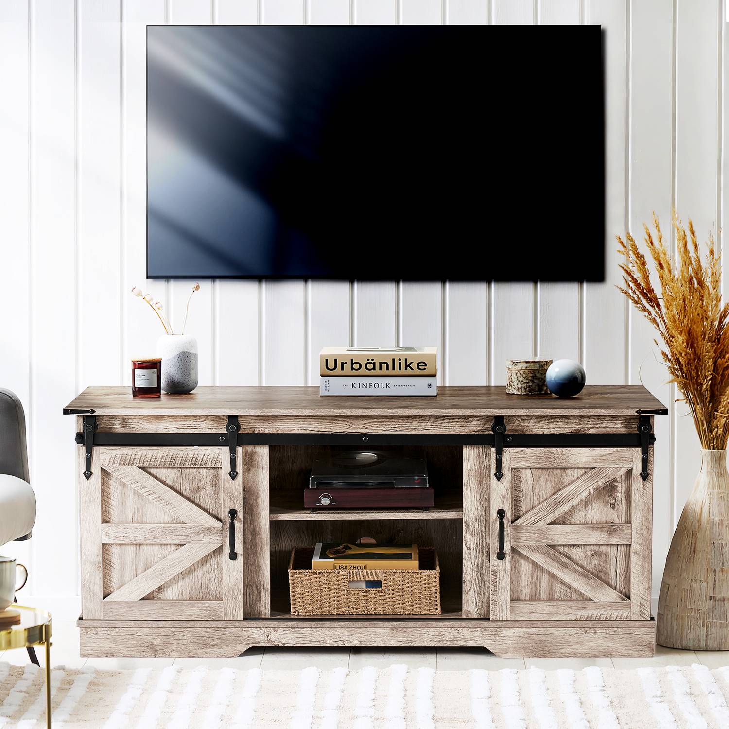 Sonegra 58" Farmhouse TV Stand for TVs up to 65", Sliding Track Doors