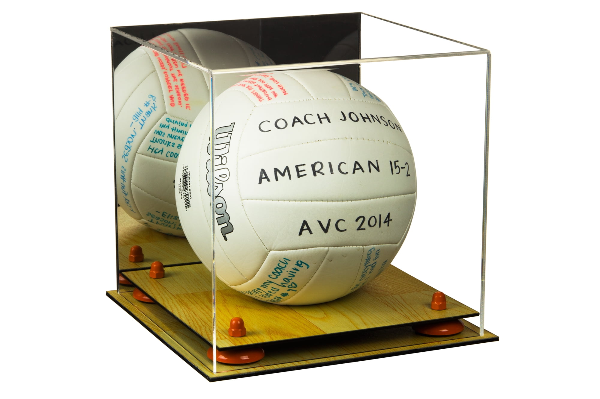 Deluxe Acrylic Volleyball Display Case with Orange Risers, Mirror and Wood Floor (A027MORWF