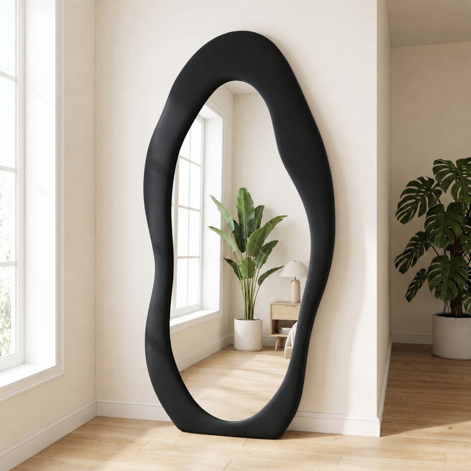 Gleamira 71"x30" Full Length Mirror Irregular Floor Mirror Flannel Wrapped Wooden Frame Hanging Leaning Mirror,Black