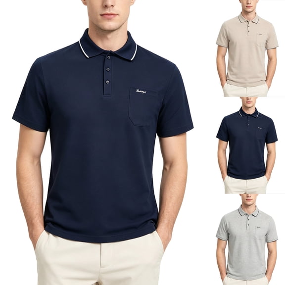 Liweisiy Short Sleeve Shirts For Mens Lapel Collar Embroidery Breathable Lightweight Tees Daily Golf Sports Shirts Khaki 4XL