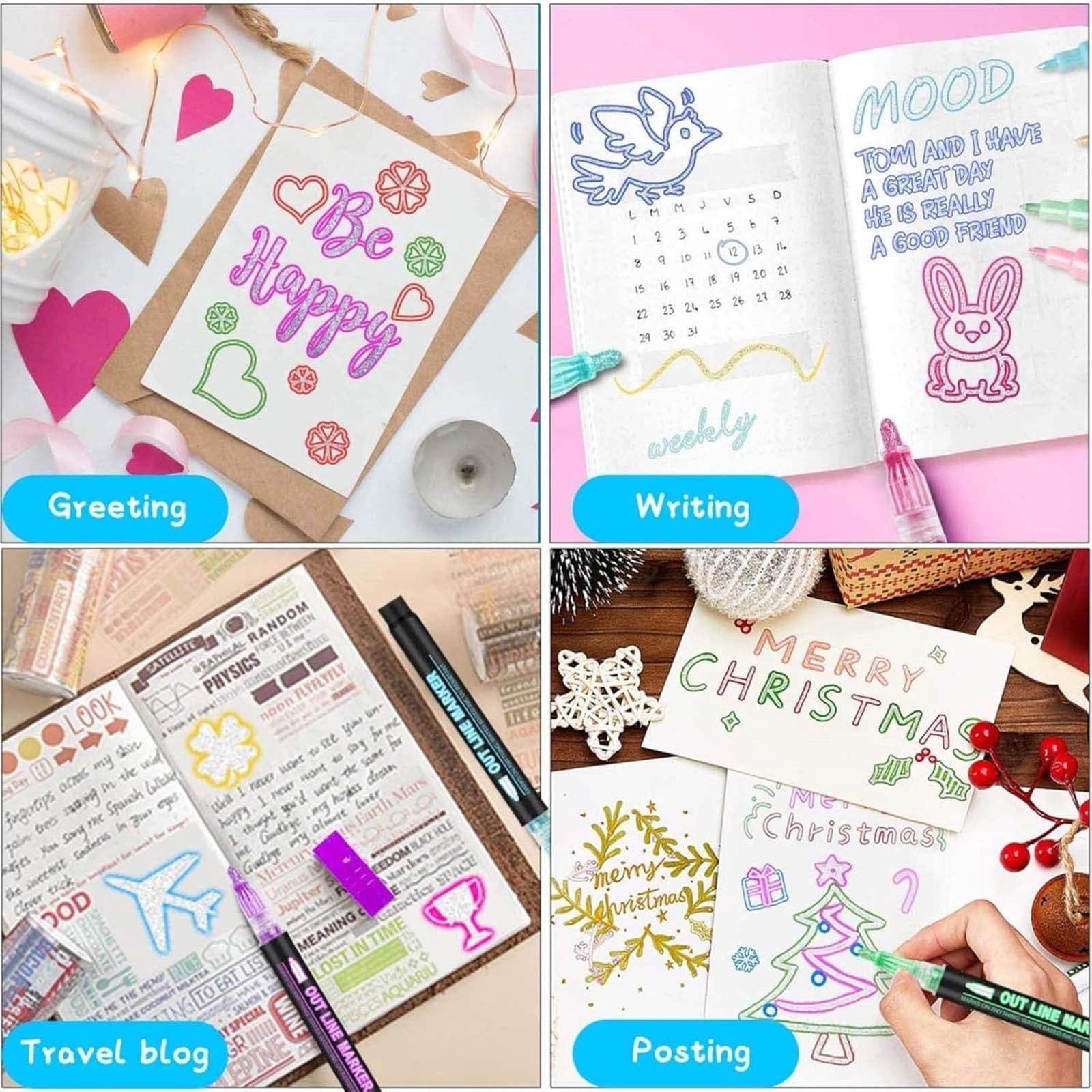 2Pcs Double Line Outliner Markers Coloring Lightstick Pens Acrylic Markers Brush Doodle Outline Pens Art Greeting Card Stocking Stuffers2ml Office&Craft&Stationery