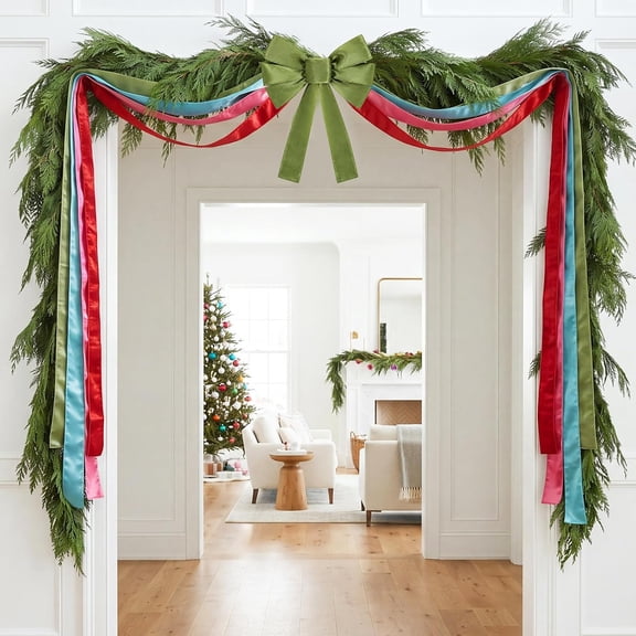 Satmonnus 9ft Colorful Christmas Velvet Ribbon Garland Decor, Vintage Hanging Garland Decoration with Bow Streamers for Christmas Doorway Arch Mantel Fireplace Door Holiday Decor