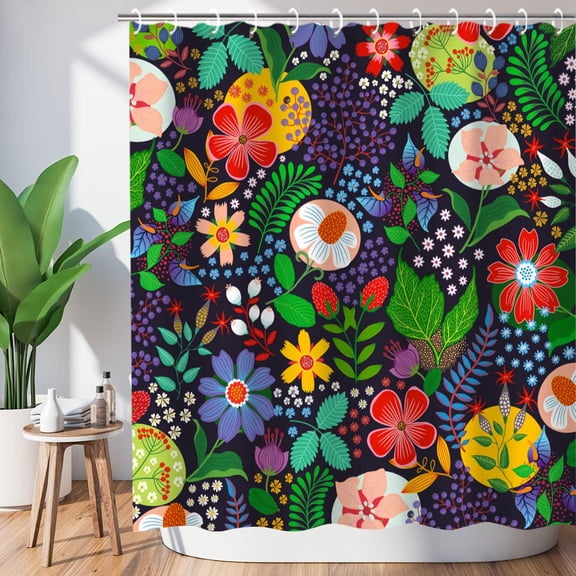 Floral Shower Curtain Flower Shower Curtain Colorful Shower Curtain Boho Black Floral Dark Shower Curtain Unique Bohemian Shower Curtain for Bathroom with 12 Hooks, 72"x 72"