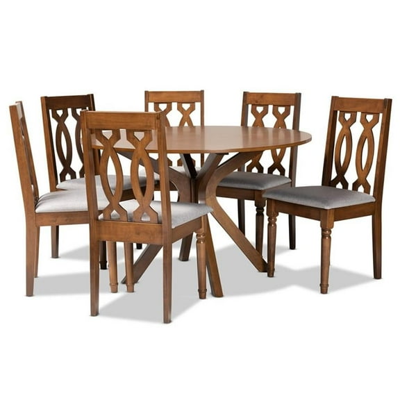 Bowery Hill Grey Fabric and Brown Finished Wood 7-Piece Dining Set