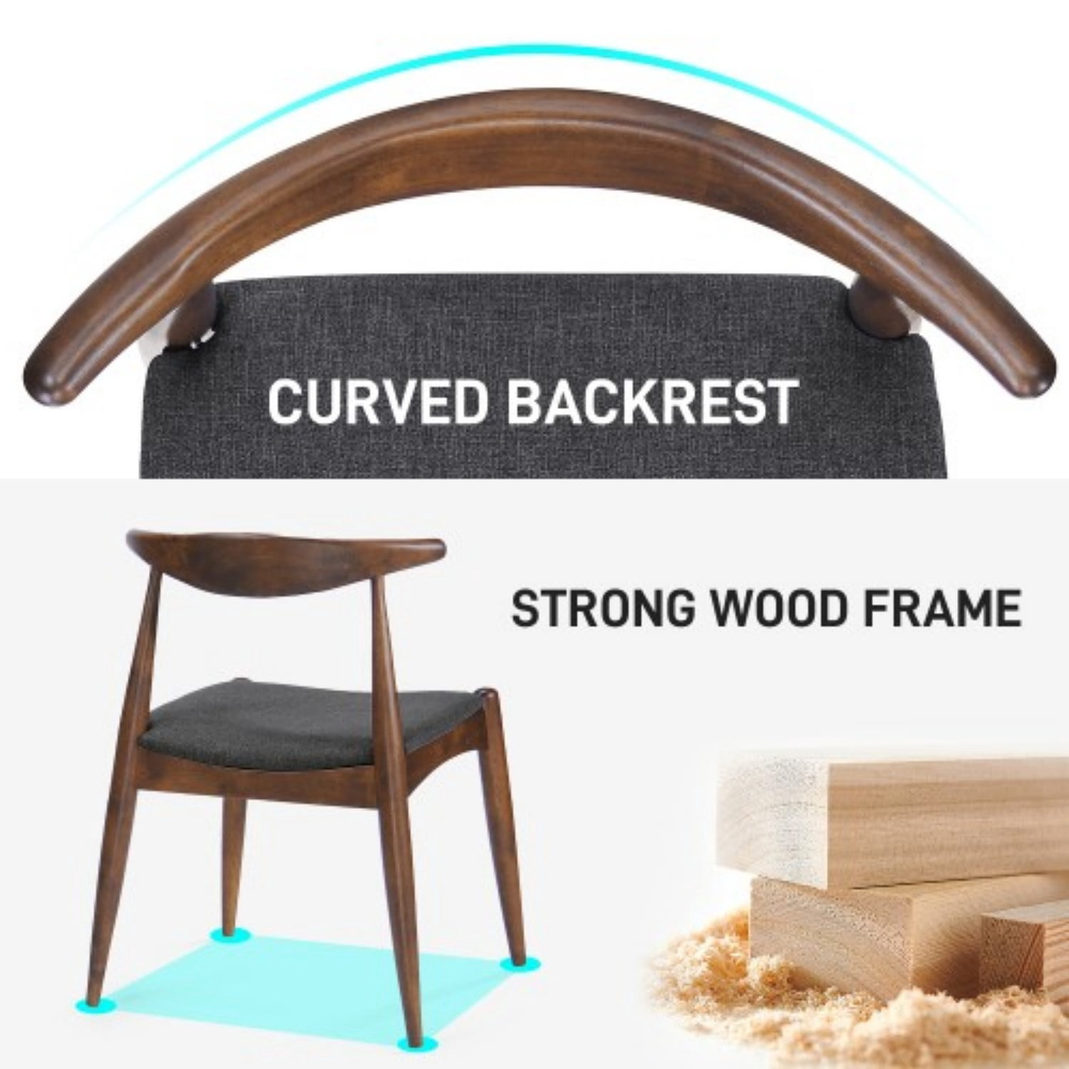 Set of 2 Rubberwood Dining Chairs with Ergonomic Backrest, Upholstered Cushion Seats & Solid Wood Frame, Mid-Century Dining Room Chairs, Walnut, Charcoal