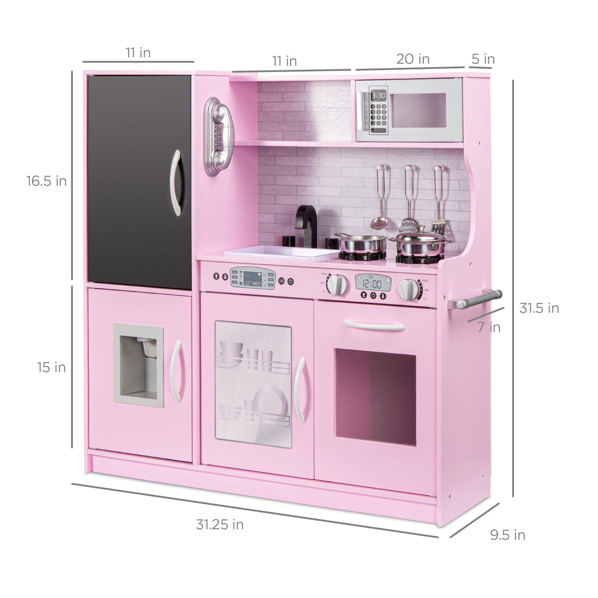 and Sink Sounds Realistic Design Utensils Fridge Marble Backdrop Shelves Best Choice Products Wood Pretend Play Kitchen Toy Set for Kids w/ Chalkboard Oven Microwave Telephone Pink 
