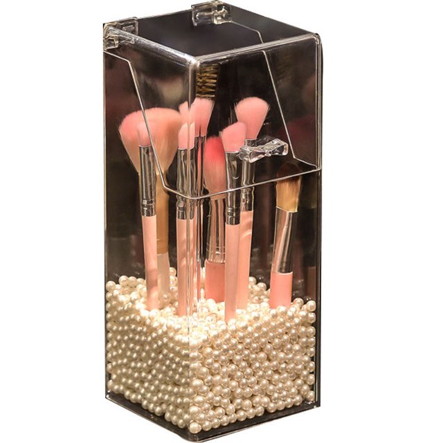 Soporte para brochas de maquillaje, soporte para lápiz de cejas transparente, soporte para cosméticos con perla falsa