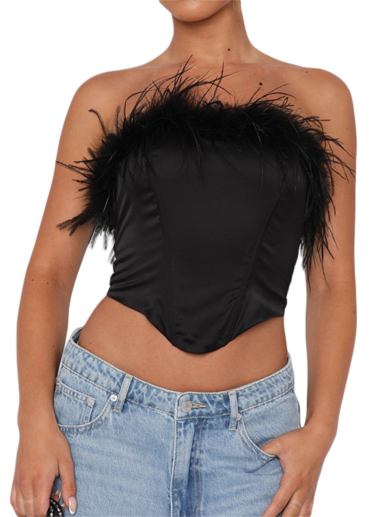 Women Sleeveless Feather Furry Tube Top Fashion Irregular Hem Strapless