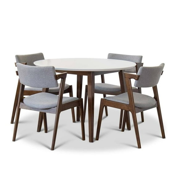 Pemberly Row 5-Piece Mid-Century Dining Set with 4 Fabric Dining Chairs in Grey