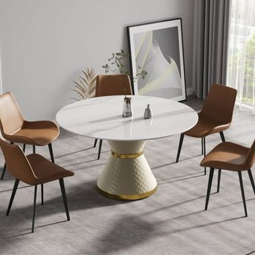 DeeHome 53.15"Modern artificial stone round white carbon steel base dining table-can accommodate 6 people