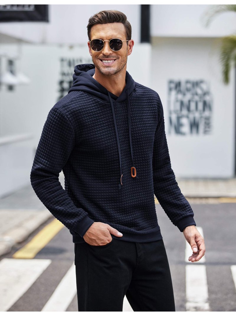 COOFANDY Men's Plaid Jacquard Hoodie – Long Sleeve Drawstring Pullover, Dark Grey