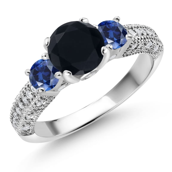 Gem Stone King 925 Sterling Silver Black Onyx Blue Created Sapphire and White Moissanite Engagement Ring for Women (1.86 Cttw, Gemstone December Birthstone, Round 7MM and 4MM, Size 8)