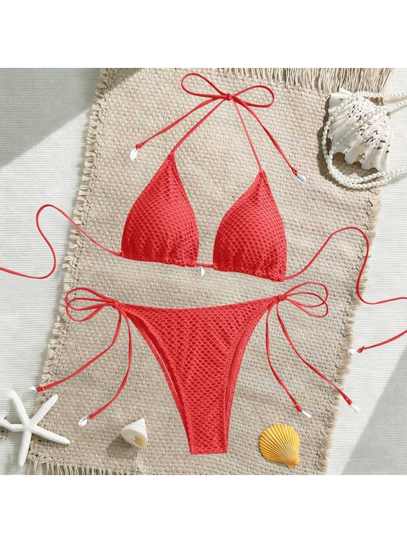 Mesh Textured Halter Triangle Bikini Two Piece Swimsuit with Bead Accents Tie Side High Cut Red M