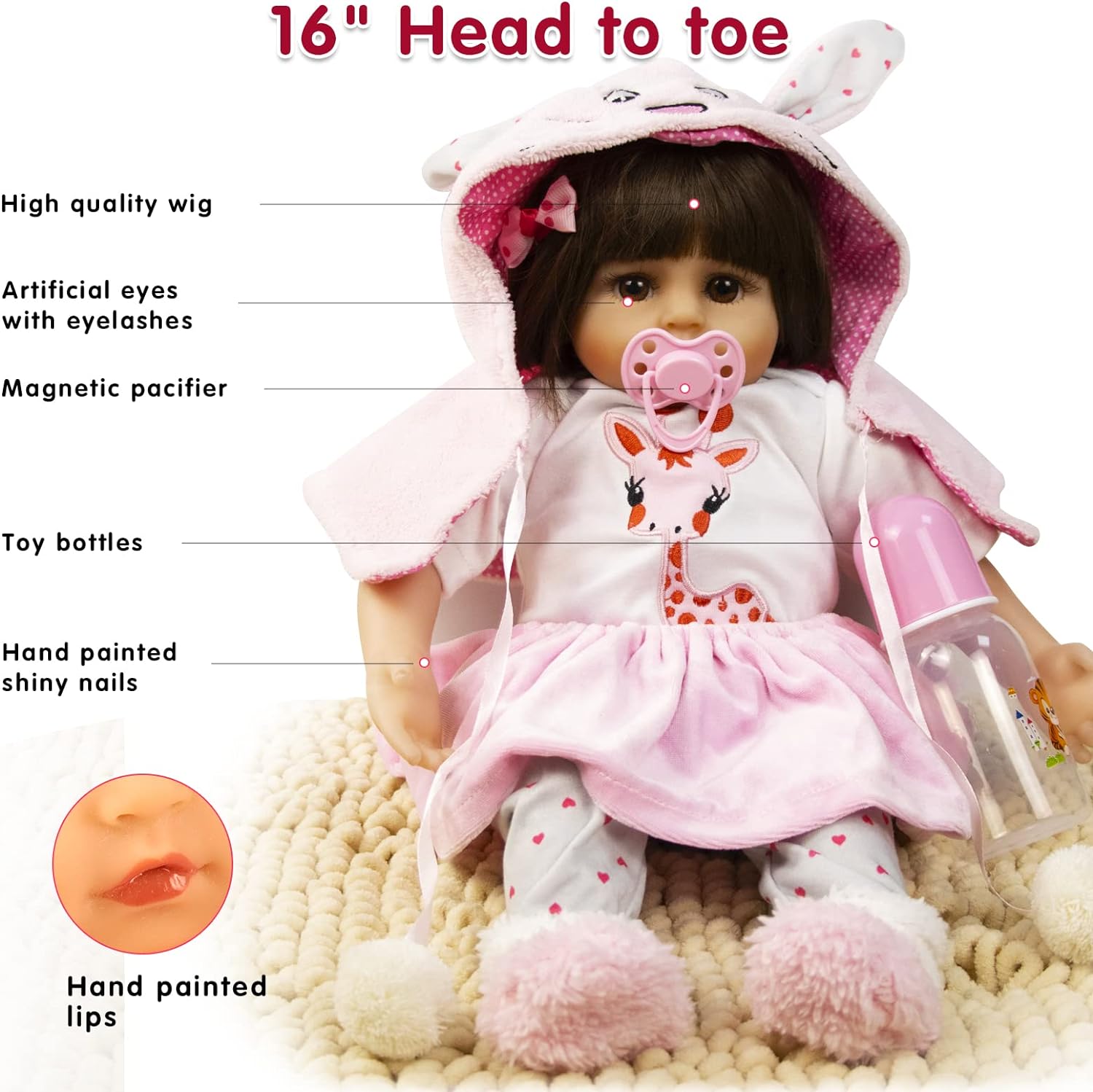 JRLCGYP 16" Reborn Baby Doll Girl, Realistic Vinyl Silicone Lifelike Baby Girl Doll with Weighted Body, Soft Body Doll Gift Set for Ages 3 and Up
