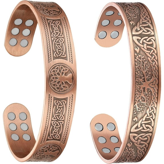 Wollet Pure Copper Magnetic Bracelet for Men Women with Magnets, Adjustable Cuff Jewelry,Tree of life, Set of 2
