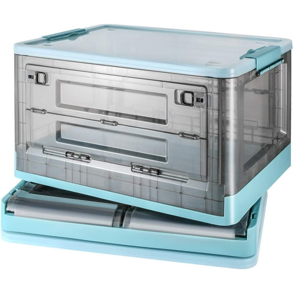 52 Liters Large Clear Plastic Storage Box with Lid Wheels Collapsible Storage Bins with Double Doors Stackable Folding Container Organizer Cube for Home Office Closet52 Liters 1 Count (Blue)