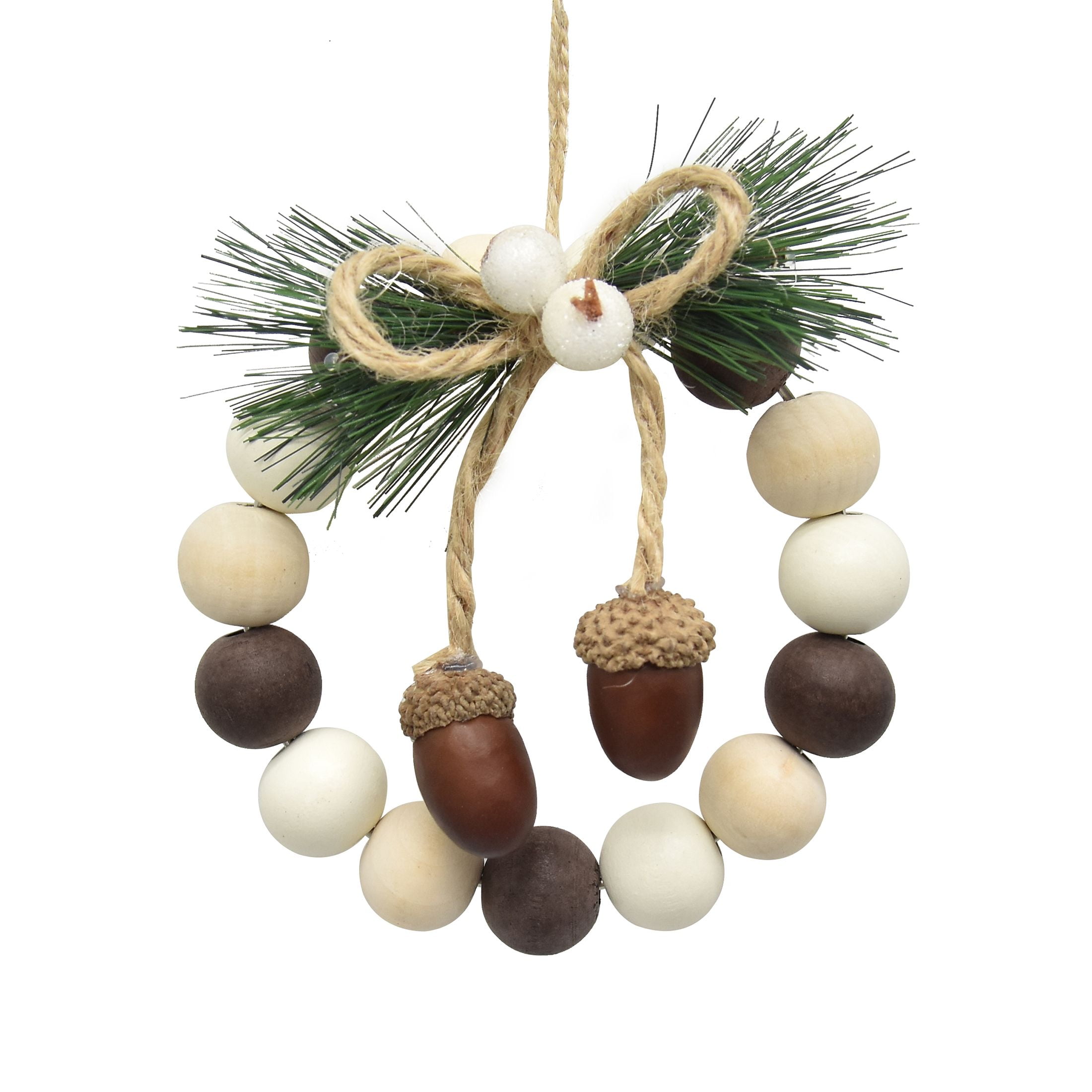 Holiday Time Brown and Nature Bead Wreath with Acorn and Pine Needle Decorative Accents Ornament